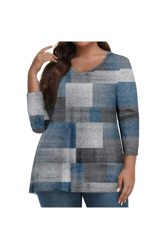 Fall 3/4 Length Sleeve Tops for Women Plus Size Tshirts 3/4 Sleeve V Neck Floral Print Tunics Dressy Casual Shirts Fall Outfits for Women 2024 Trendy blue 4X-Large