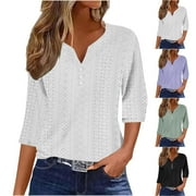YUGYXL Fall 3/4 Sleeve Henley Shirt for Women Fashion V-Neck Buttons Blouse Loose fit Hollow Out Comfy Pullover Breathable Solid Color Tunic Tops Black,XL