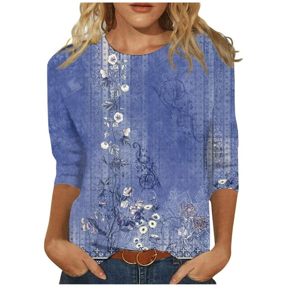 Fall 3/4 Sleeve Tops for Women 2024 Floral Print T-Shirts 3/4 Length Sleeve Crew Neck Plus Size Tshirts Dressy Casual Tunics Fall Tops for Women 2024 Trendy Fall Fashion for Women 2024 (Blue)