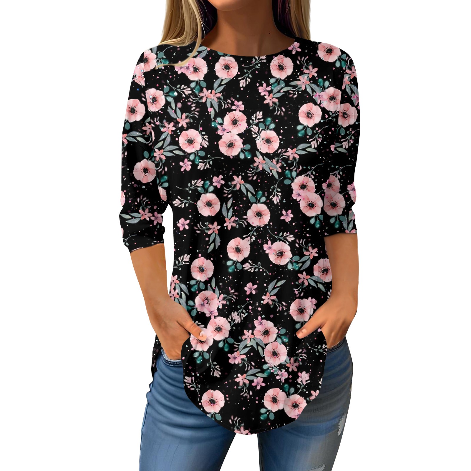 Fall 3/4 Sleeve Tops for Women 2024 Plus Size Tshirts 3/4 Length Sleeve