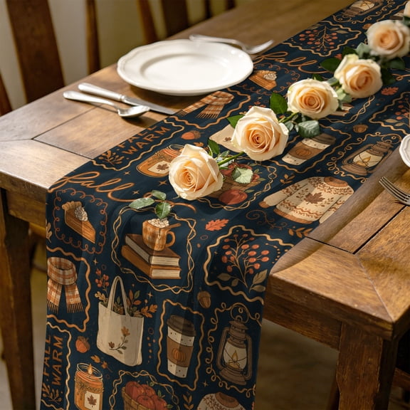 Fall 4.5 ft Cheesecloth Table Runner for Wedding 19"x55", Knit Sweater Coffee Mug Tote Bag Autumn Rustic Kitchen Dinner Sheer Tulle Chiffon Dresser Scarf, Holiday Party Decorations