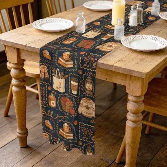 Fall 4.5ft Cheesecloth Table Runner for Wedding 19"x55", Knit Sweater Coffee Mug Tote Bag Autumn Rustic Kitchen Dinner Sheer Tulle Chiffon Dresser Scarf, Holiday Party Decorations