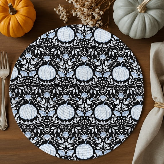 Fall Abstract Round Braided Placemats Set of 4, Pumpkin Flower Leaves Dot Black Heat Insulation Place Mats Washable Non-Slip Table Mats for Kitchen Dining Party, 13 Inches