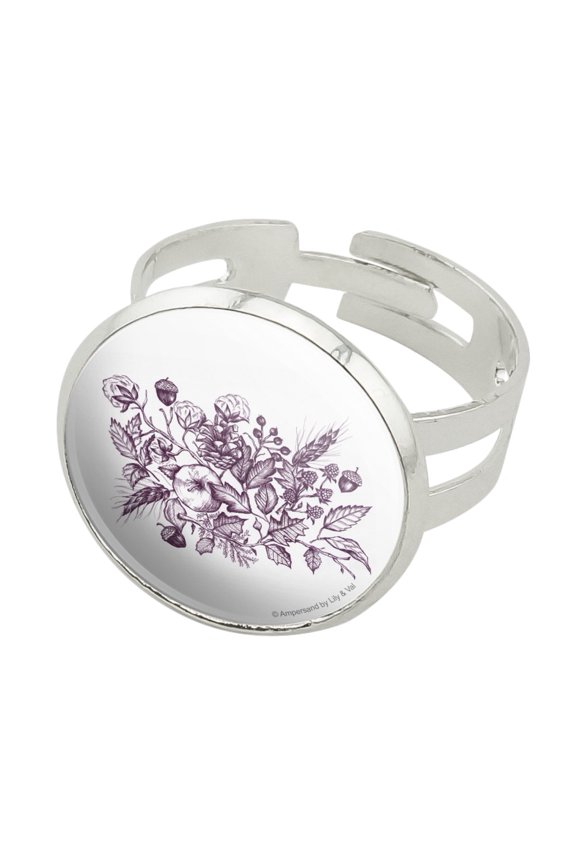 Fall Acorns Foliage Sketch Silver Plated Adjustable Novelty Ring