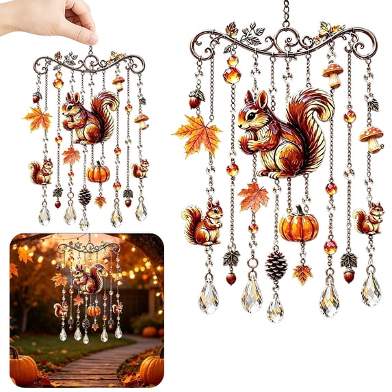 Fall Acrylic Suncatcher Wind Chime - Stained Glass Animal Hanging Ornament with Chimes, Fall Decor for Window Garden Yard Patio, Squirrel Style