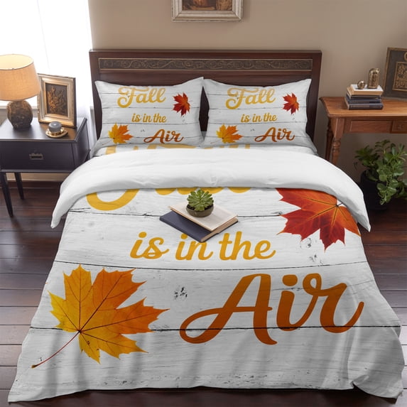Fall Is In The Air 4 Piece Bedding Set, Farmhouse Maple Leaf White Wood Grain Full Size Duvet Cover Set with Zipper Closure & Corner Ties Soft Breathable Comforter Cover for Bedroom