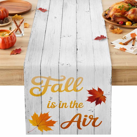 Fall Is In The Air Table Runner 13x36 Inch Farmhouse Maple Leaf White Wood Grain Cotton Linen Dining Table Runner Ideal for Dresser Kitchen Coffee Tables - Machine Washable