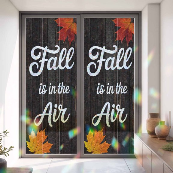 Fall Is In The Air Words Window Privacy Film,Decorative Windows Static Cling Autumn Maple Leaf on Wood Heat Control Removable Glass Sticker for Home Bathroom Bedroom Window Door,35.4x78.7in