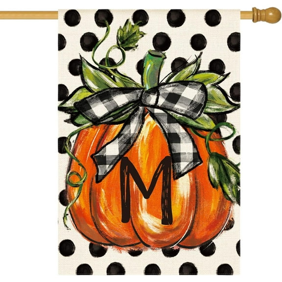 Fall Alphabet Garden Flag Polka Dot Pumpkin 12x18 Inch Outdoor Polyester Print Family Surname Initials Yard Decor