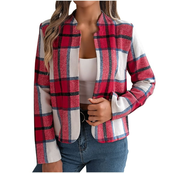 Fall And Winter Comfy Jackets For Women Lattice Splice Winter Casual Plaid Long-sleeved Hoodless Red Cardigan Overcoat Coats S-XL