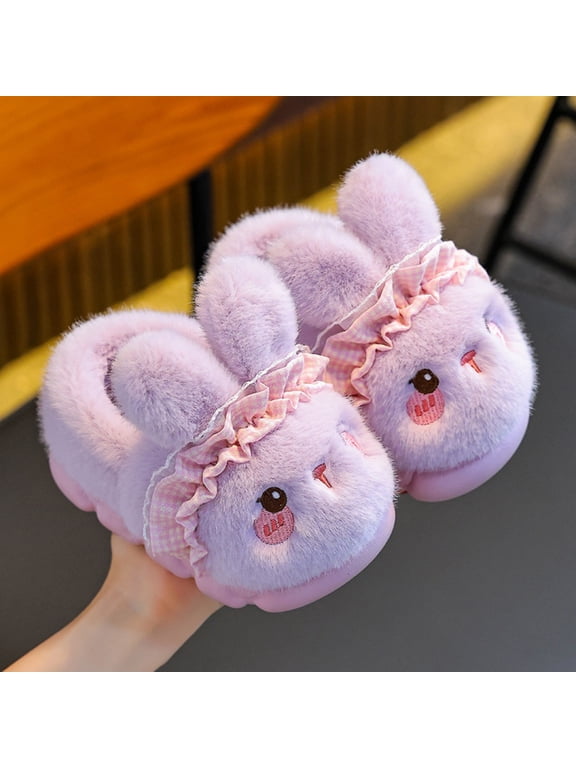 Fall And Winter Cute Bunny Ear Kids' Fuzz Slippers Warm Fuzzy Indoor Outdoor Shoes For Children