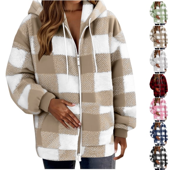 Fall And Winter Fashion Fleece Plaid Jackets for Womens Plus Size Straight Cardigan Button Pocket Coat