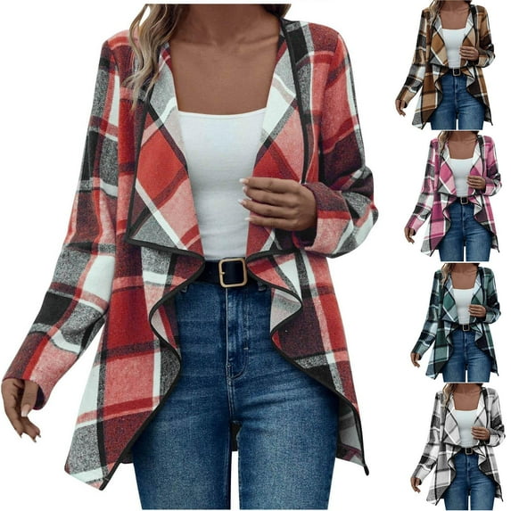 Fall And Winter Ladies Fashion Warm Coats Long Sleeved Hooded Casual Checkered Striped Red Outwear Jackets 2XL