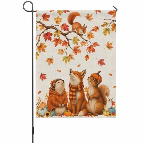 Fall Animal House Flag 28 x 40 Inches, Fox Chipmunk Trio Squirrel Silhouette Leaf Linen Texture Weather Proof Outdoor Patio Flags Double Sided Small House Decoration for Yard Lawn Outside Home
