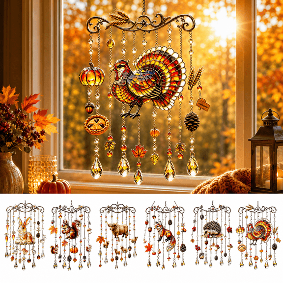 Fall Animal Suncatcher Hanging Decor, 7.87 Inch Stained Glass Style Plastic Window Ornament with Turkey Cow Hedgehog Designs, Thanksgiving Wall Decor