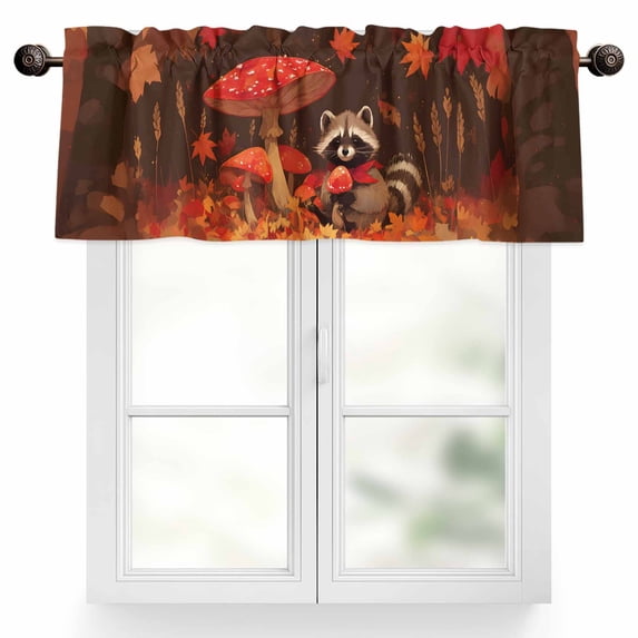 Fall Animal Valances for Windows, 42 x 18in, Raccoon Mushroon Maple Leaves Rod Pocket Kitchen Valance Curtain Light Filtering Window Treatments for Living Room Bedroom, 1 Panel