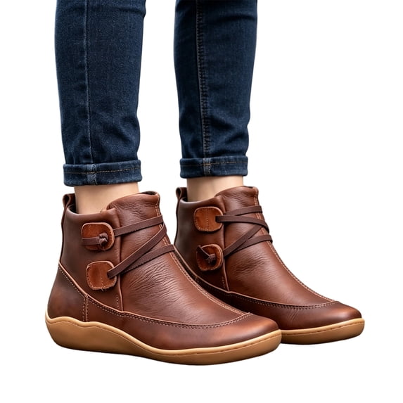 Fall Ankle Boots for Women Arch Support Vintage Leather Fashion Lace Up Flat Heel Ankle Booties with Side Zipper Round Toe Casual Short Boots Comfortable Slip On Outdoor Shoes