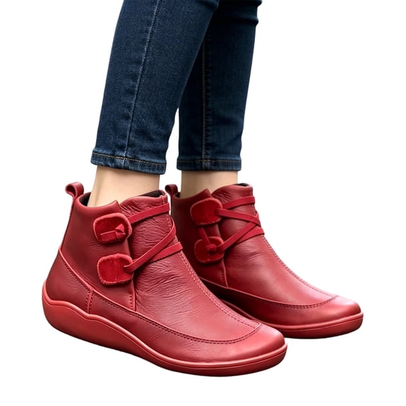 Fall Ankle Boots for Women Arch Support Vintage Leather Fashion Lace Up Flat Heel Ankle Booties with Side Zipper Round Toe Casual Short Boots Comfortable Slip On Outdoor Shoes