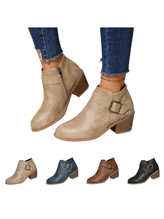 Fall Ankle Boots for Women High Low Block Heel Trendy Side Zipper Booties