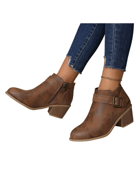 Fall Ankle Boots for Women High Low Block Heel Trendy Side Zipper Booties