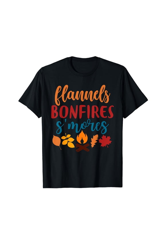 Fall Apparel, Flannels Bonfires S'mores, Autumn Cotton Black T-Shirt