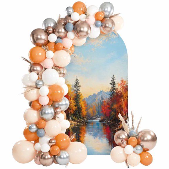Fall Arch Backdrop Cover 6Ft, Wedding Arch Covers Stretchy Backdrop, Watercolor Forest Maple Leaves Mountains Landscape Fitted 2 Sided Arched Photo Background for Birthday Party Decorations