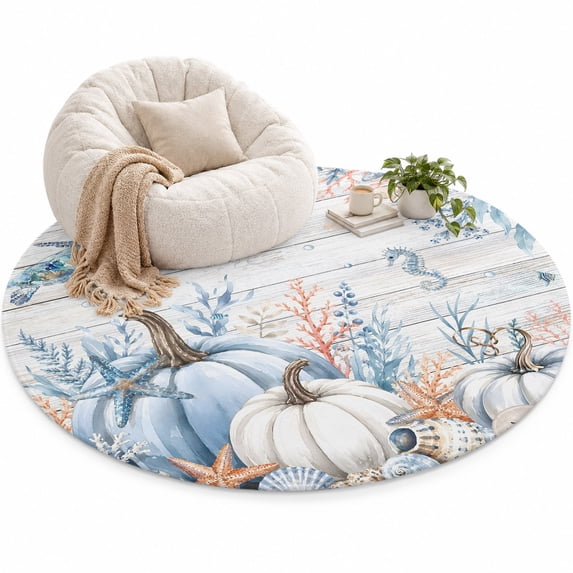 Fall Area Rug 5', Ocean Blue Theme Pumpkins Starfish Turtle Coral Wood ...