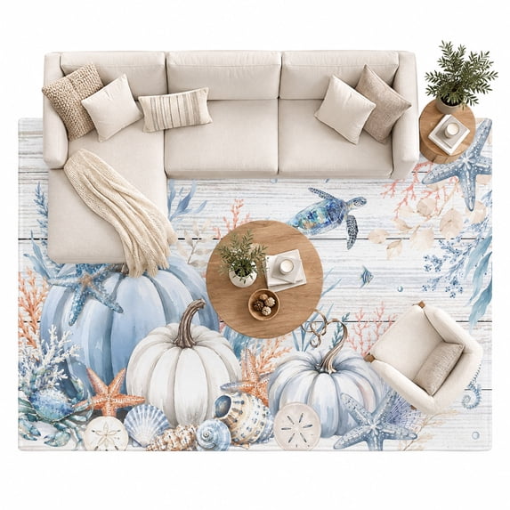 Fall Area Rug 8'x10', Ocean Blue Theme Pumpkins Starfish Turtle Coral ...