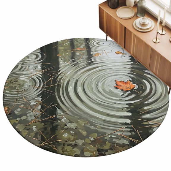 Fall Area Rug, Rustic Rainy Nature Floating Leaf Pine Needles Water Ripples Non-Slip Felt Rubber Backing Round Indoor Carpet Washable Rugs for Living Room Bedroom 3ft
