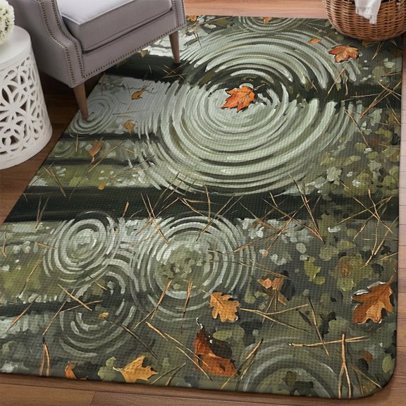 Fall Area Rugs for Living Room 5x6, Rustic Rainy Nature Floating Leaf Pine Needles Water Ripples Washable Area Rug with Non Slip Backing, Stain Resist Indoor Carpet for Bedroom, Dining Room, Entrance