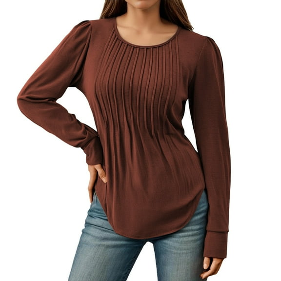 Fall Arrivals Long Sleeve Blouse Shirt Fashion Casual Ruffle Detail Low Round Neck Tunic Top for Plus Size Brown L