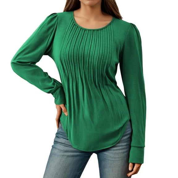 Fall Arrivals Long Sleeve Blouse Shirt Fashion Casual Ruffle Detail Low Round Neck Tunic Top for Plus Size Green XXL