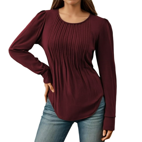 Fall Arrivals Long Sleeve Blouse Shirt Fashion Casual Ruffle Detail Low Round Neck Tunic Top for Plus Size Red L