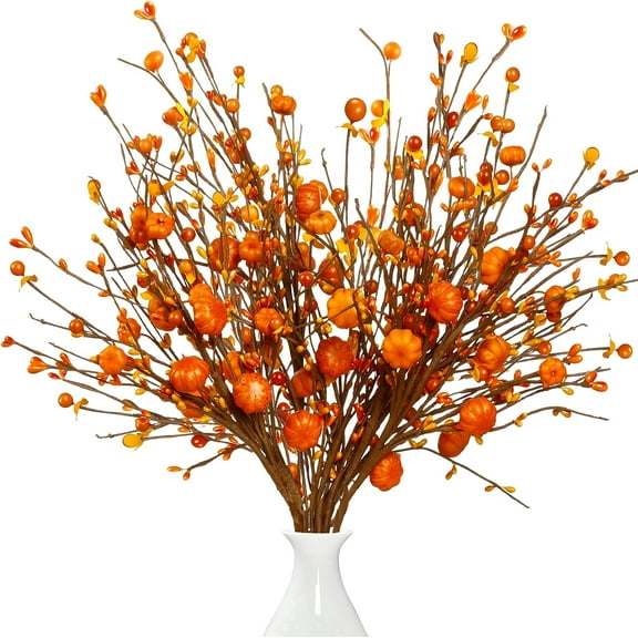 Fall Artificial Berry Stems 2Pcs Berry Picks Branches Fall Orange Stems Floral Arrangements with Fake Pumpkin for Autumn Thanksgiving Harvest Home Vase Festival Indoor Christmas Decor
