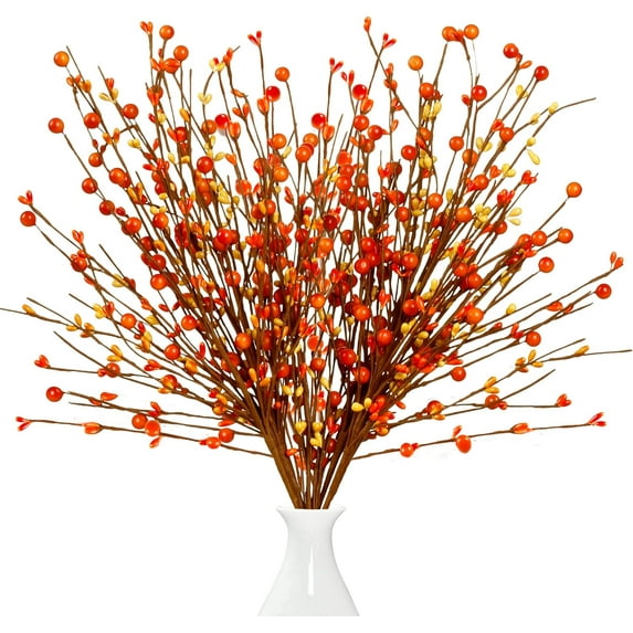 Fall Artificial Berry Stems 6Pcs Berry Picks Branches Fall Orange Stems Floral Arrangements with Fake Pumpkin for Autumn Thanksgiving Harvest Home Vase Festival Indoor Christmas Decor(Orange)
