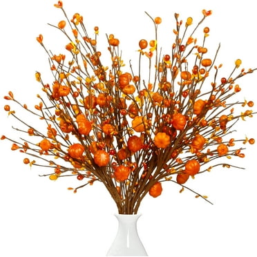 Fall Artificial Berry Stems 6Pcs Berry Picks Branches Fall Orange Stems Floral Arrangements with Fake Pumpkin for Autumn Thanksgiving Harvest Home Vase Festival Indoor Christmas Decor(Orange)