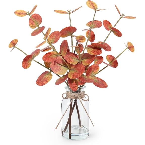 Fall Artificial Euc Stems in Glass Vase with Faux Water, 13.5" Fake Plants for Home Decor, Coffee Table Centerpieces, Office, Bathroom & Farmhouse - Fall Faux Greenery Plants Decorations