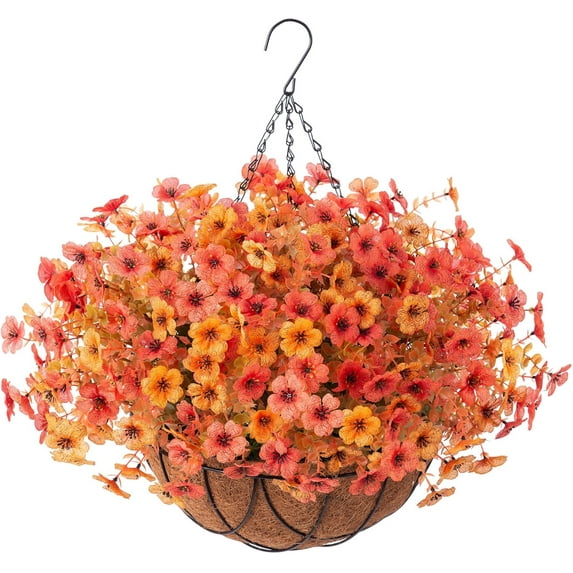 Fall Artificial Fake Hanging Flowers Plants with Basket Outdoor Decor, Faux Silk Colorful Daisy in Metal Coconut Lining pot Plastic Shrubs Decor Farmhouse Home Garden Thanksgiving