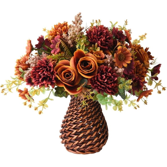 Fall Artificial Faux Flowers in Vase Fake Silk Rose Bouquets Indoor Decor | Floral Arrangements Mums Rose Mix with Handmade Rattan Vase, Farmhouse Table Centerpieces for Dinning Room kitchen Office