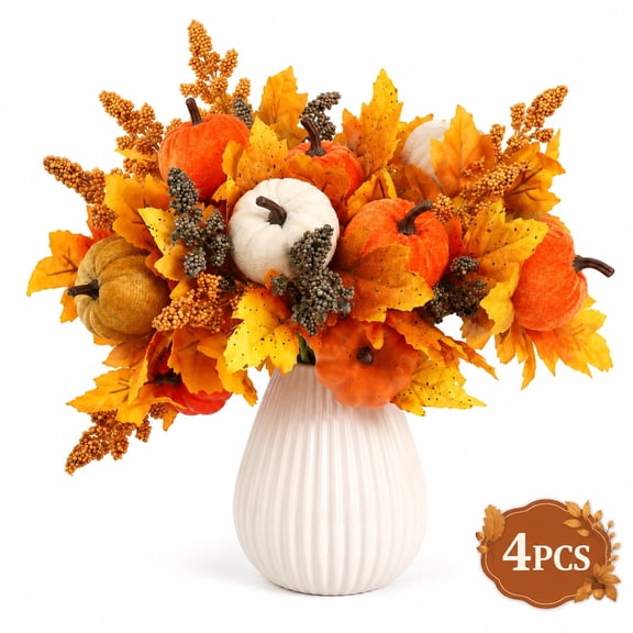 Fall Artificial Flowers Floral Picks Autumn Pumpkin Berry Maple Leaf Stems for Vase Fillers Centerpiece Decorations for Thanksgiving Harvest Home Table Mantel 4 PCS