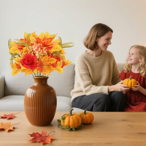Fall Artificial Flower Bouquet with Maple Leaves and Pumpkins for Thanksgiving,Halloween,Autumn Home Decor,Table Centerpiece,Wreath,13.78 Inch Seasonal Decoration