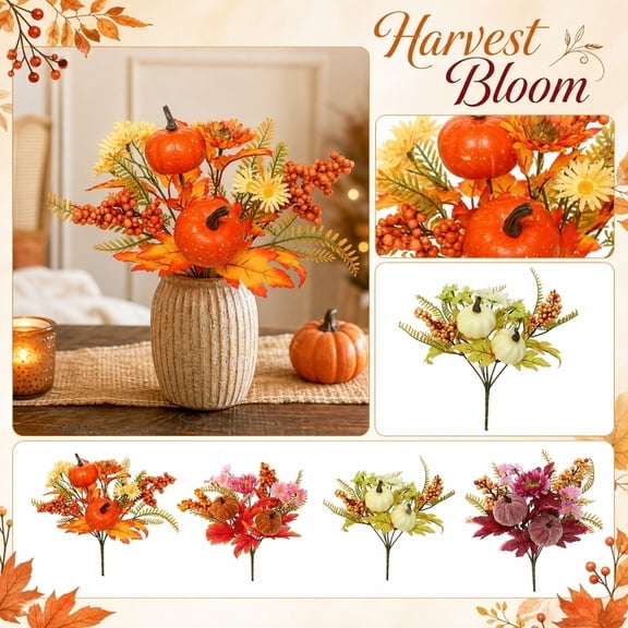 Fall Artificial Flower Pick, Fall Flowers Artificial for Decoration, Fall Tiered Tray Decor, Fall Pumpkin Decor, 12X9 Inch 1Pc Berry Maple Leaf Velvet Pumpkin Halloween