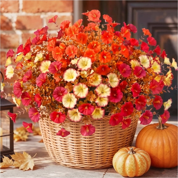 Scidweet Artificial Fall Flowers, 12 Bundles Autumn Fake Silk Morning Glory Flowers Faux Plants Fall Decorations for Home Outdoors Garden Balcony Yard Front Porch Decor, Multicolor