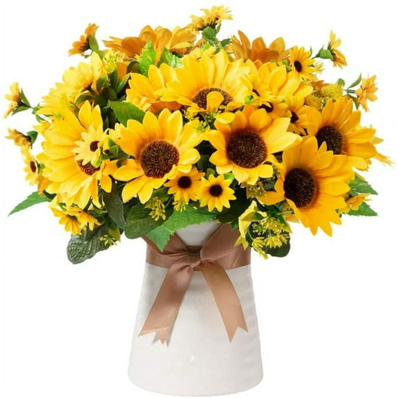 Fall Artificial Flowers in Ceramics Vase, Silk Flower Arrangements, Faux Sunflowers Bouquets with Vase for Desktop Decoration (Ripple Ceramic Sunflower)