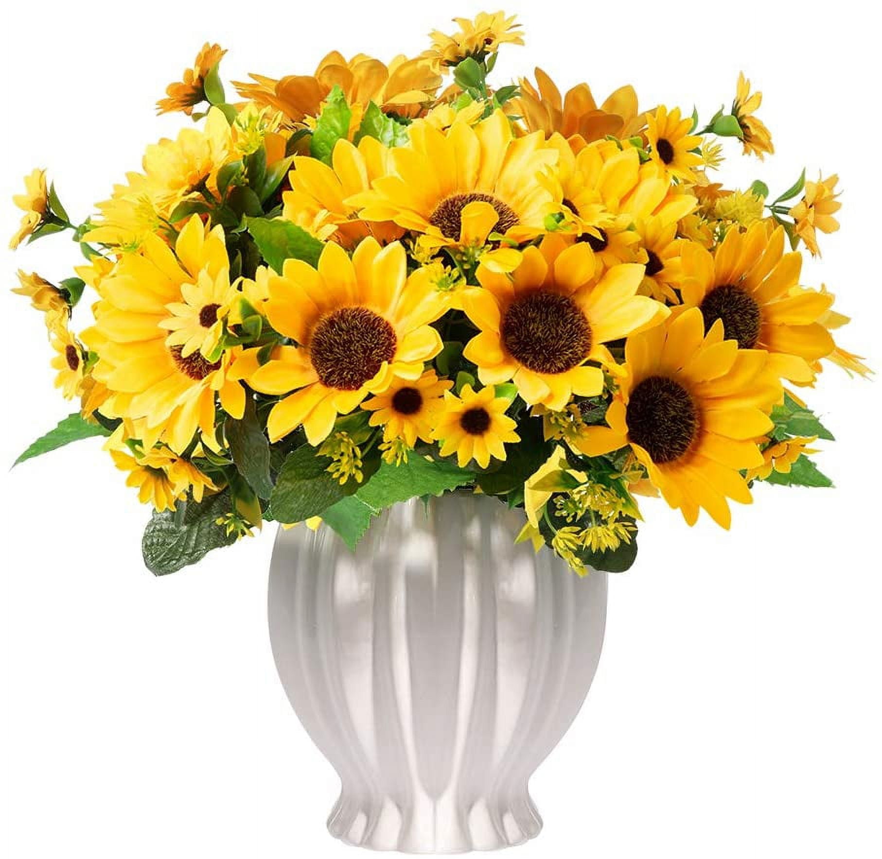 Fall Artificial Flowers in Ceramics Vase, Silk Flower Arrangements, Faux Sunflowers Bouquets with Vase for Desktop Decoration (Ripple Ceramic Sunflower)