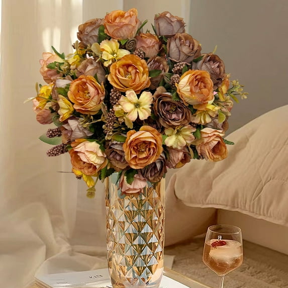 Fall Artificial Flowers, Roses Berries Flower Arrangements, Fall Table Decorations Centerpieces for Dinning Room Kitchen Office Desktop (1pcs)