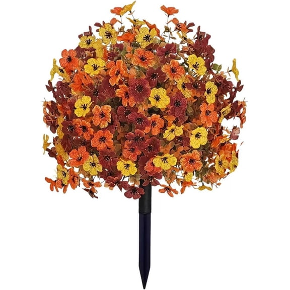 Fall Artificial Flowers Topiary Ball Trees with Ground Spike, Faux Orange Silk Floral Shrubs Bushes Fake Autumn Plants UV Resistant Indoor Outdoor Decor for Front Porch Garden Yard Home