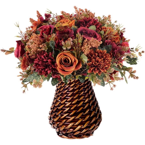 Fall Artificial Flowers in Vase. Silk Flowers Arrangements. Fake Rose Bouquets with Vase for Home Office Dinning Room Table Kitchen Desktop Decoration (Brown)