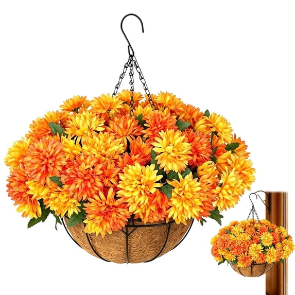 Fall Artificial Hanging Flower Basket, UV Resistant Faux Mum Floral Hanging Planter, 13.7×19.5 Inch No Foam, Autumn Decoration for Porch, Garden, Patio and Balcony