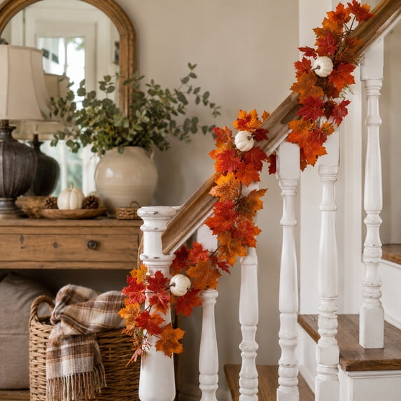 Fall Artificial Maple Leaf Garland Thanksgiving With Pumpkins For Fireplace Mantel Door Decor Autumn Hanging Vine For Holiday Party Home Accent